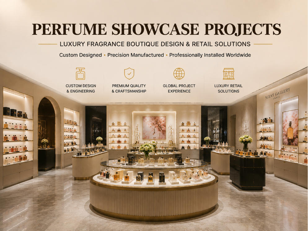 SUNZEN perfume showcase projects featuring luxury fragrance boutique designs and custom perfume display solutions